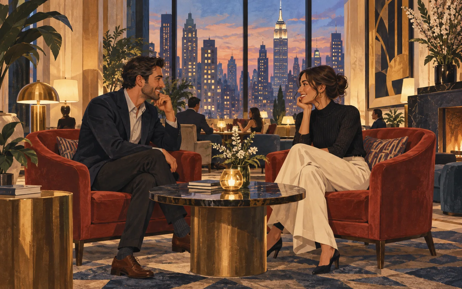 Two adults chatting in a warmly lit Manhattan hotel lounge at dusk