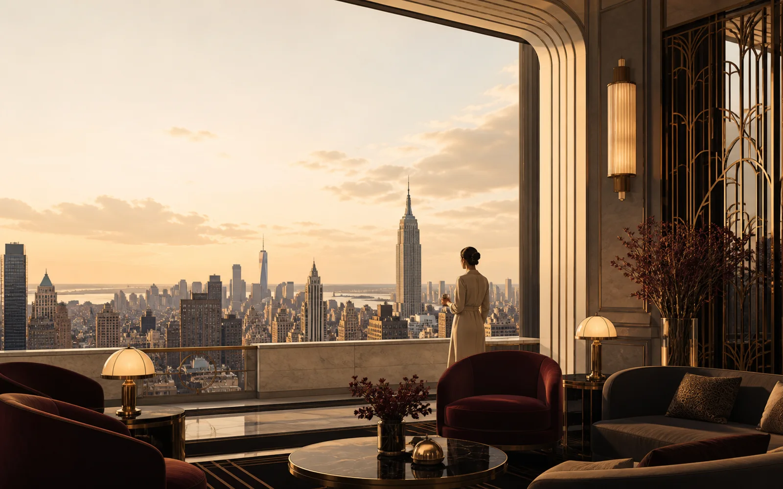 Editorial illustration of an invented upscale Manhattan hotel lounge and skyline
